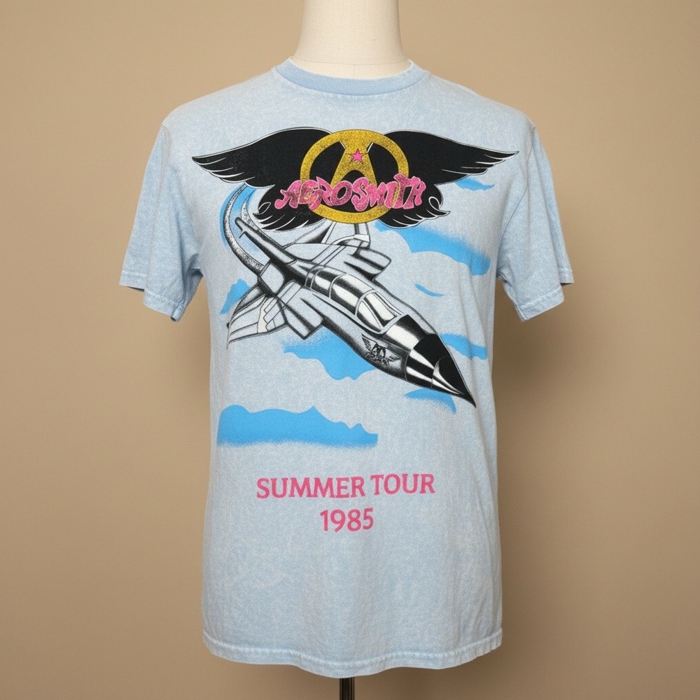 Aerosmith Summer Tour 1985 T-Shirt Mens S Blue Acid Wash Rock Band Tee NWOT